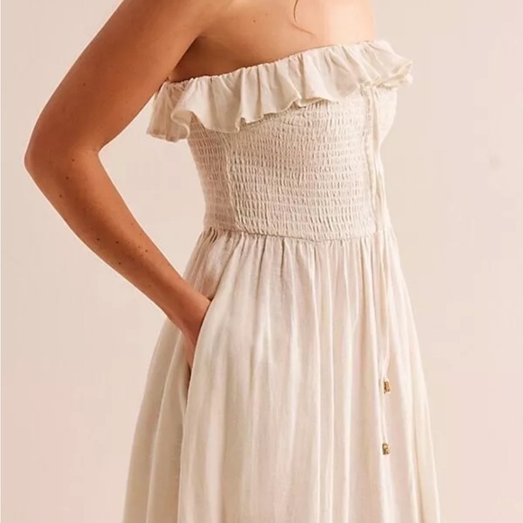 NWOT Free People Lush Life Linen Strapless Midi Dress Smocked Ivory S - Picture 3 of 7